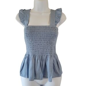 Freshman Blue Chambray Babydoll Top Small Ruffle Stretchy Ruched Y2K Coquette